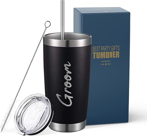 Miniatura 8 de LADY&HOME Juego de 7 vasos de novio y padrinos de boda con tapa y pajilla, vaso de acero inoxidable 20Z con aislamiento al vacío para propuesta de