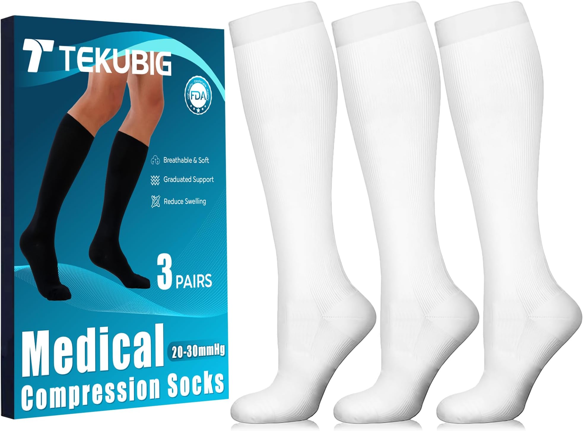 Medical Women Men Compression Sock Knee High 20-30 mmhg Graduated so ks Vacation Essential Airplane Accessories Long Flight Necessities Airport Must Haves Plane International Flying Stuff Item White