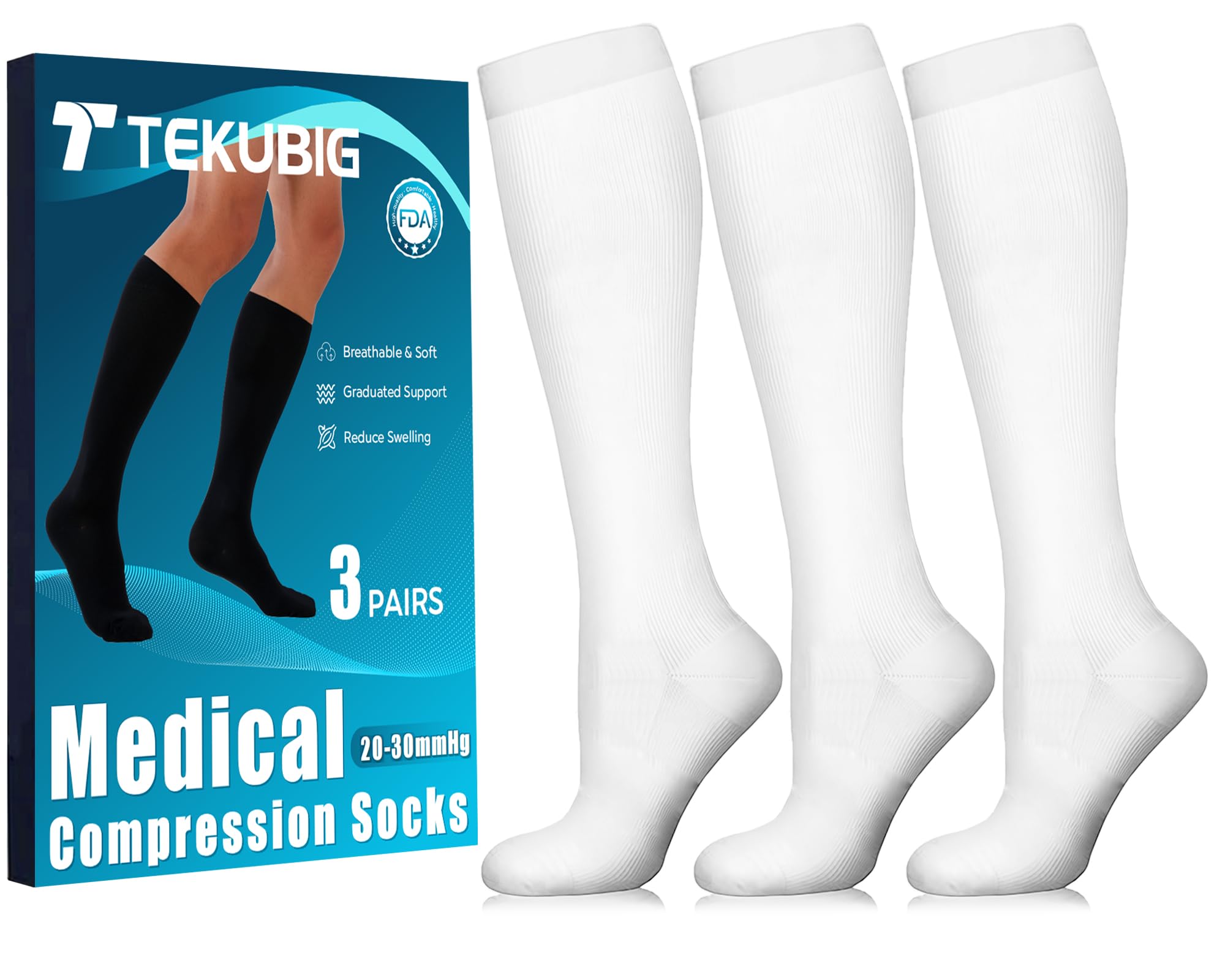 Medical Women Men Compression Sock Knee High 20-30 mmhg Graduated so ks Vacation Essential Airplane Accessories Long Flight Necessities Airport Must Haves Plane International Flying Stuff Item White