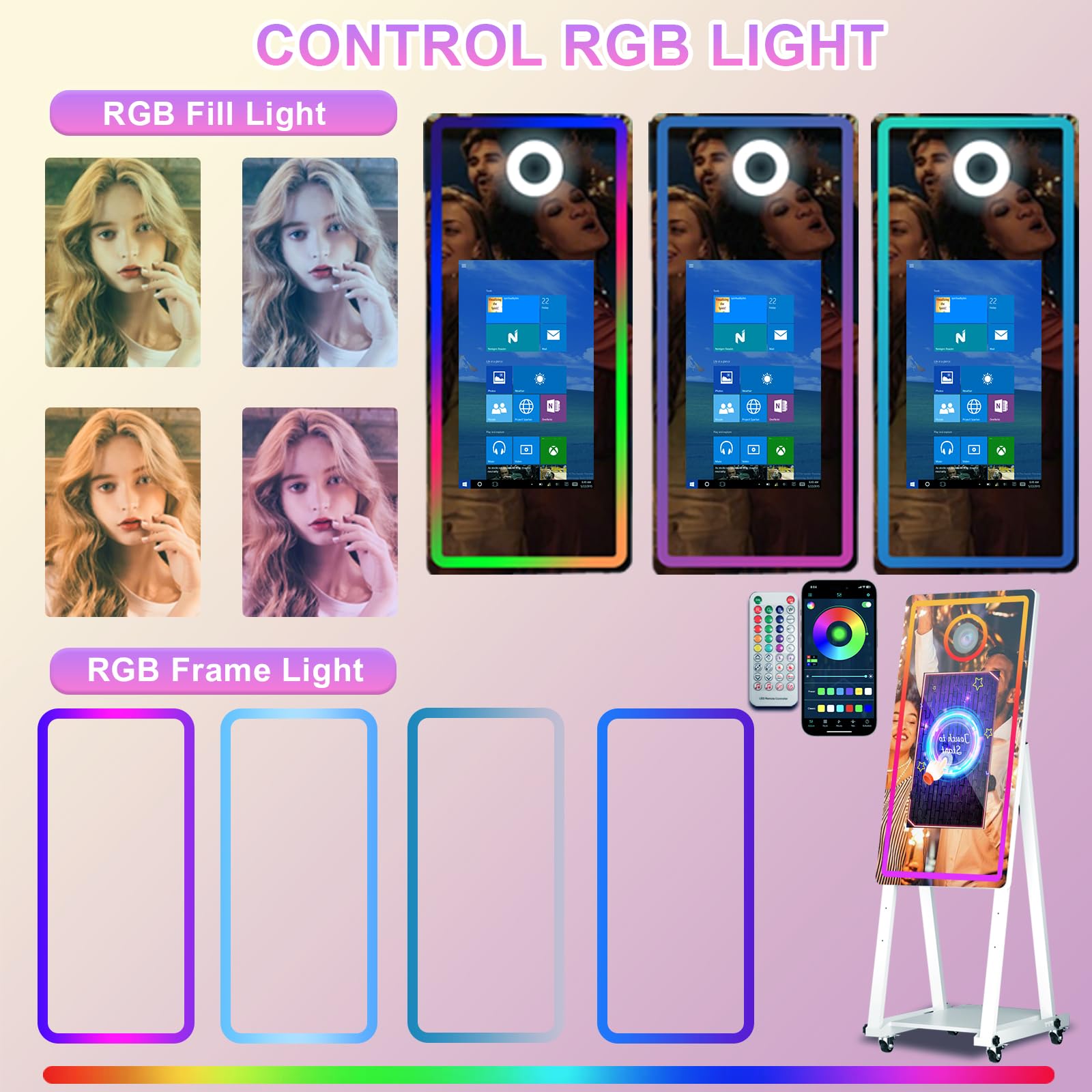 Budka fotograficzna z magicznym lustrem 128 cm z ekranem dotykowym 56 cm, fotobudka DSLR z etui lotniczym, natychmiastowe udostępnianie, światło RGB, profesjonalna fotobudka na imprezę (biała, maszyna
