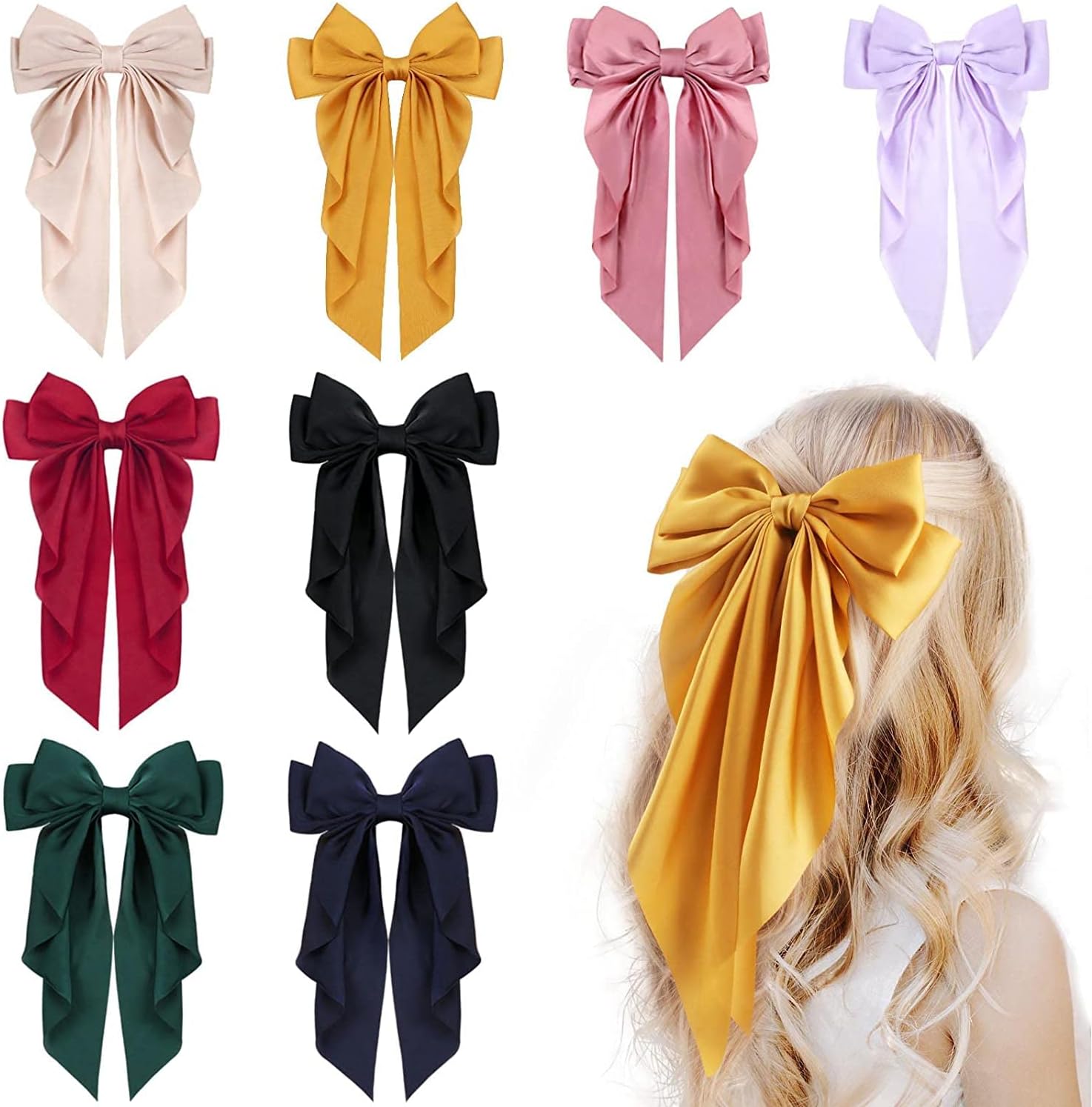 Evolluxi® Women Big Bow Barrettes Girl's Satin Hair clips Long Ribbon Hair Pins Accessories For Party [Color may very] (Pack of (2)