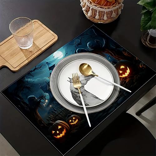 Miniatura 2 de Manteles individuales de Halloween, juego de 6 manteles individuales de Halloween, bosque terrorífico, bosque oscuro, noche gótica, decoración de