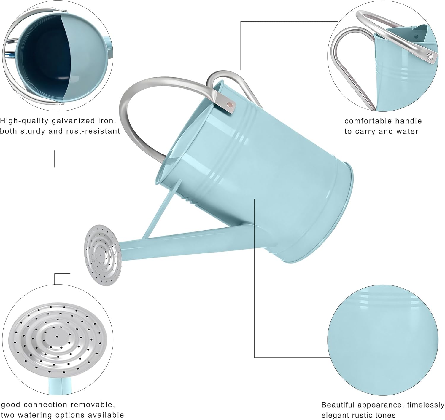 Metal Watering Can, 1.7 Gallon Galvanized Watering Can for Outdoor Plants,Blue Decorative Countryside Style Water Can with Removable Spout