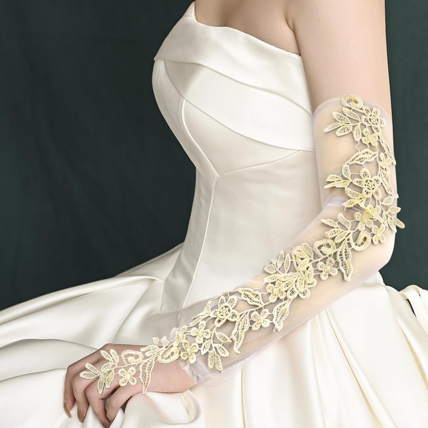 Specell Lace Fingerless Gloves, Long Women Fingerless Lace Gloves, For Bridal Party Prom Wedding Costumes Etc Accessories, 1920s Glove, Elbow Length 19.68 Inches - Champagne