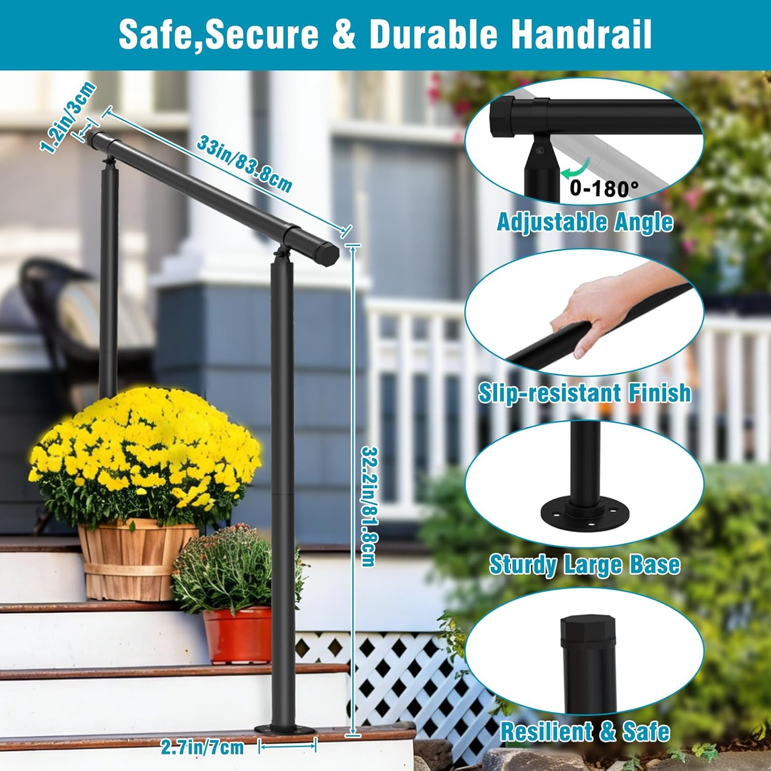 Hand Rails for Outdoor Steps,2 Pack Adjustable Handrail Railing Kit for Indoor Stairs (2-3 Steps),Easy One-Step Assembly Metal Hand Rails for Outdoor Step, Porch, Deck, and Concrete