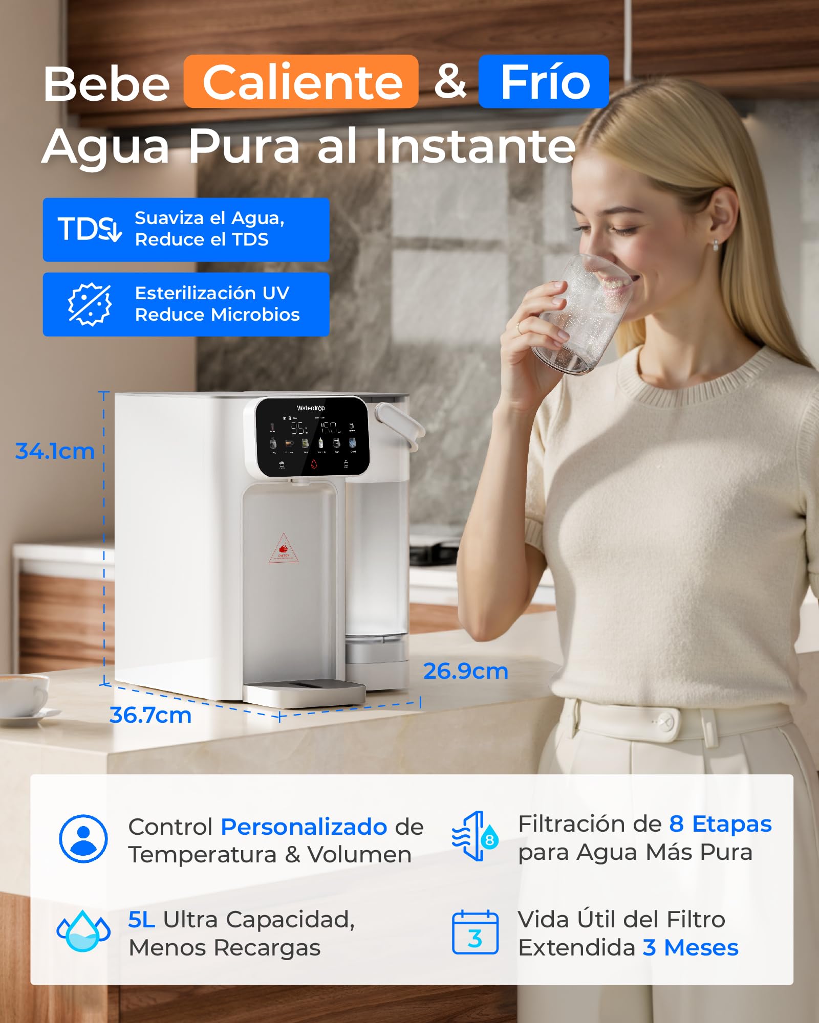 Waterdrop CT01 Fría & Caliente Dispensador de Agua con Filtro, Reduce TDS, Cal, Cloro, Conservar Minerales Importantes, 8 Etapas Filtración con Esterilización UV, Múltiples Temperatura (15-95 °C)