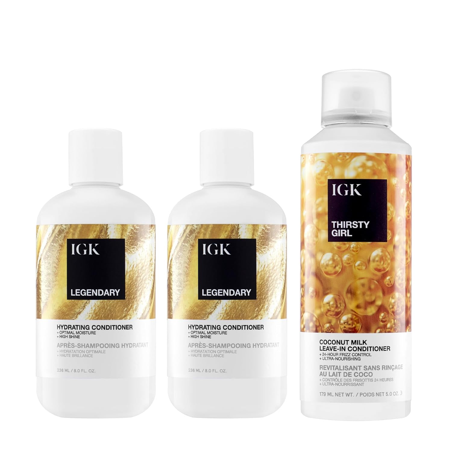 IGK Legendary Shampoo + Legendary Conditioner + Thirsty Girl Hydrating Hair Treatment – Hair Cleansing, Moisturizing & Repair Trio for Frizz Control, Shine & Manageability – Vegan & Cruelty-Free