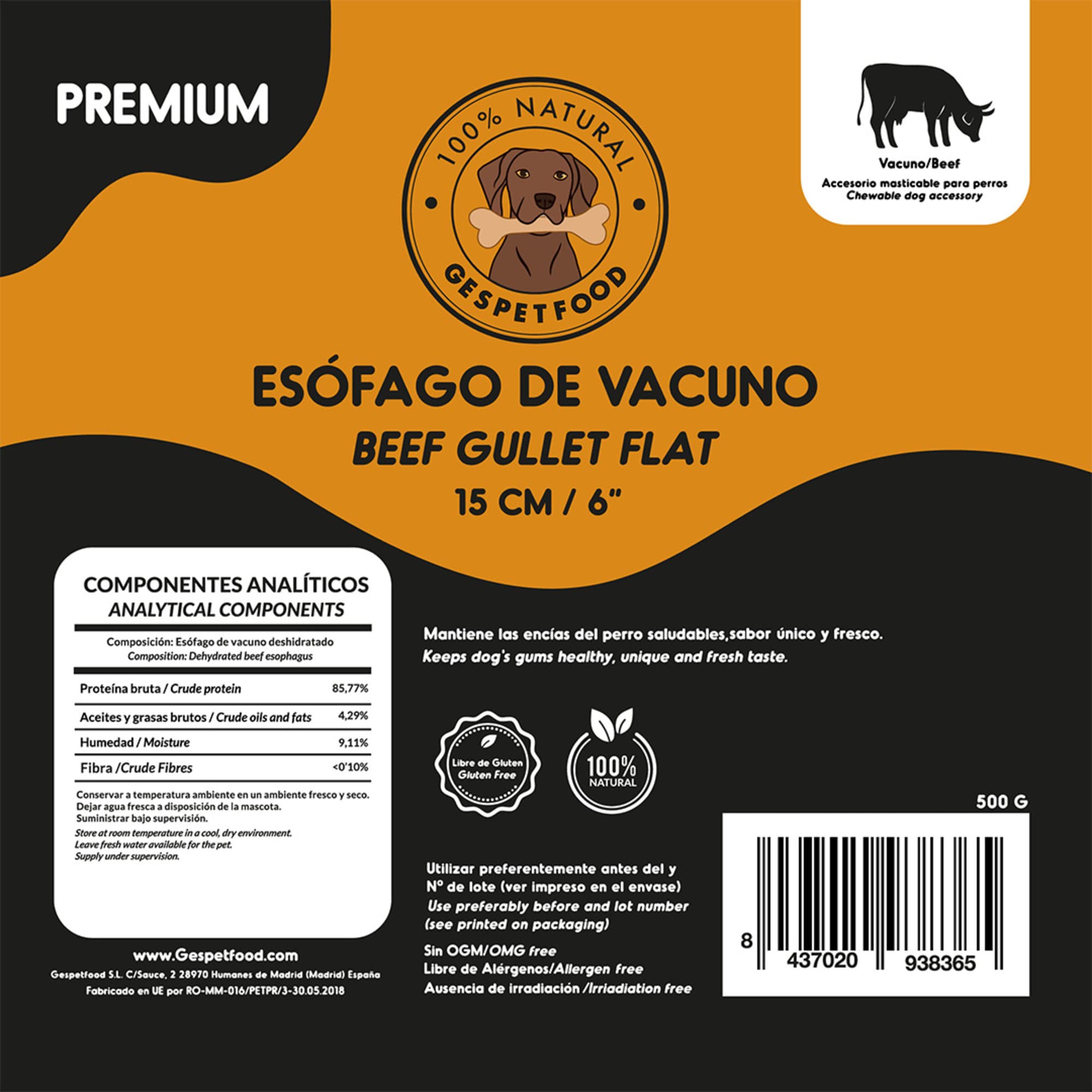 Snack Naturale per Cani - Esofago di Bovino - 500 g - 26 Unità da 15 cm per Ognuna - 100% Bovino - Senza Cereali - Gengive Sane - Snack Cani - Prodotto in Spagna - GESPETFOOD