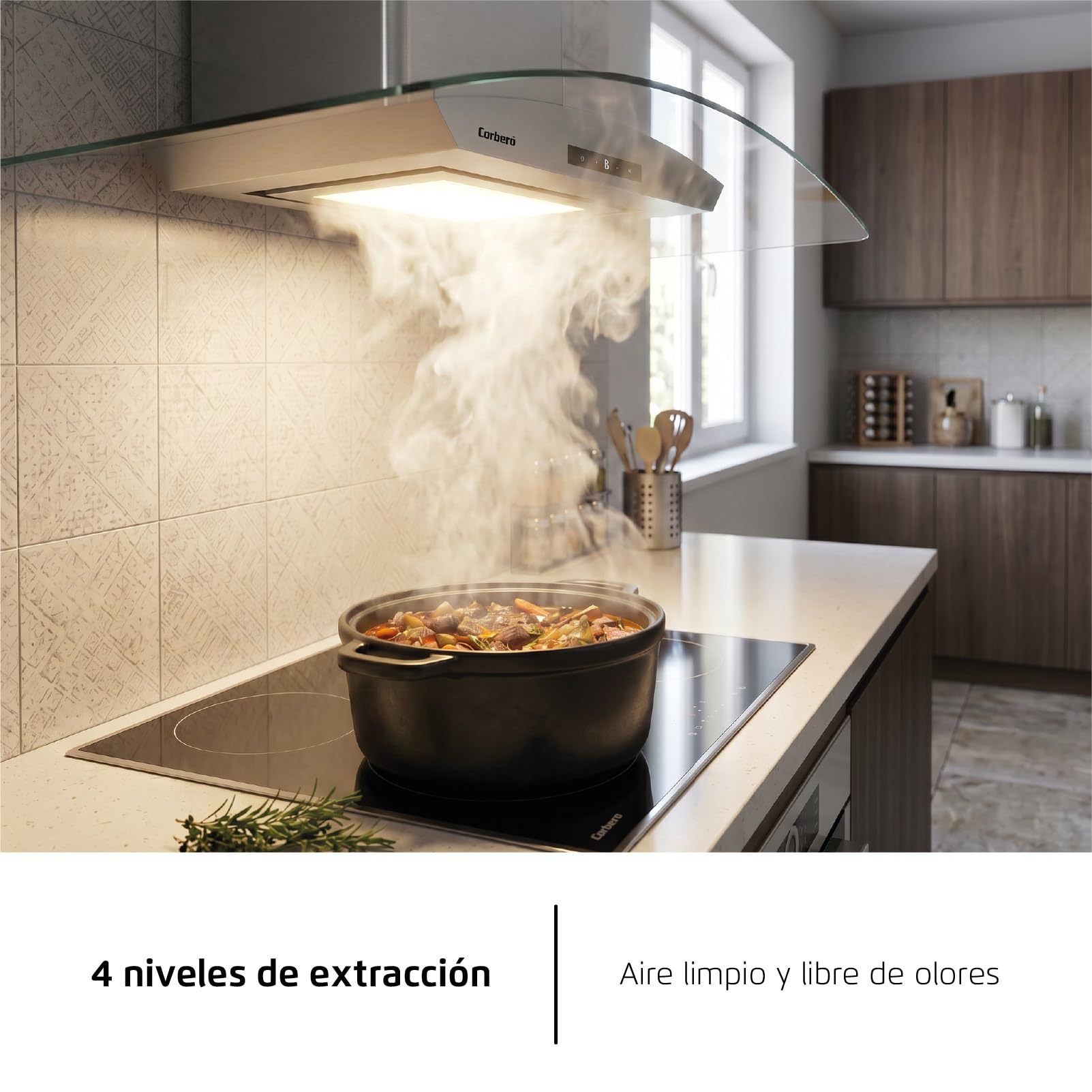 Corbero - Campana Extractora Horizontal 90cm | FUJI975XGLASS | 720.2 m3/h| 67db| 235W | 4 Velocidades | Control Touch| Panel LED| Filtro Aluminio + Filtro Carbón | Acero Inoxidable-Cristal
