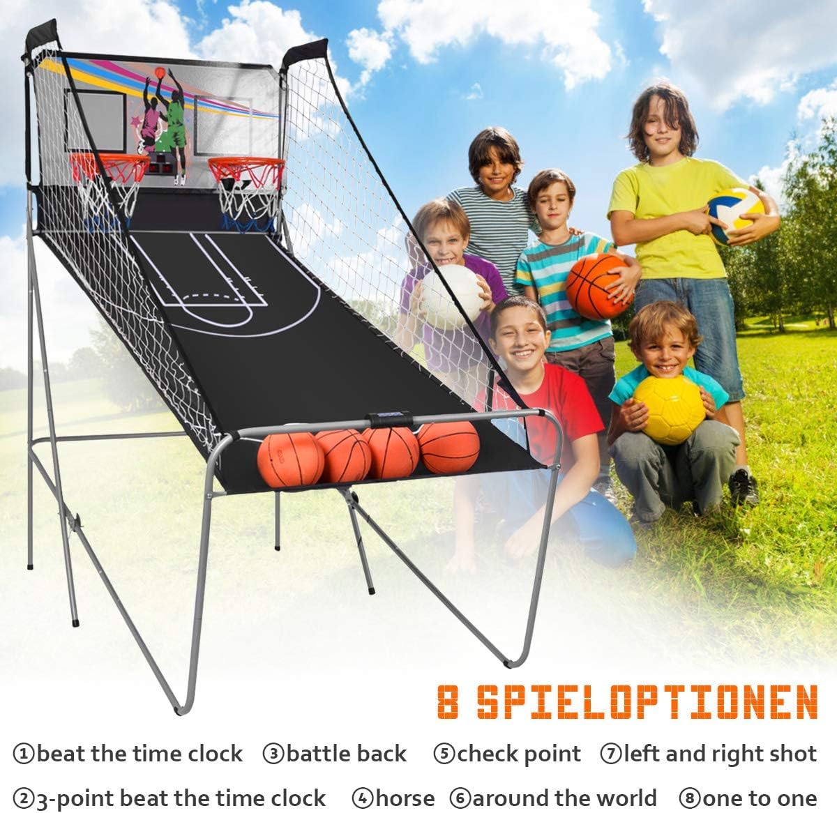 FANTASK 8 in 1 Basketballmaschine, elektrischer Basketballständer faltbar, Luftpumpe & 8 Spielmodi, Schießmaschine mit 4 Bällen, Arcade Basketball Kinderspiele, Grau