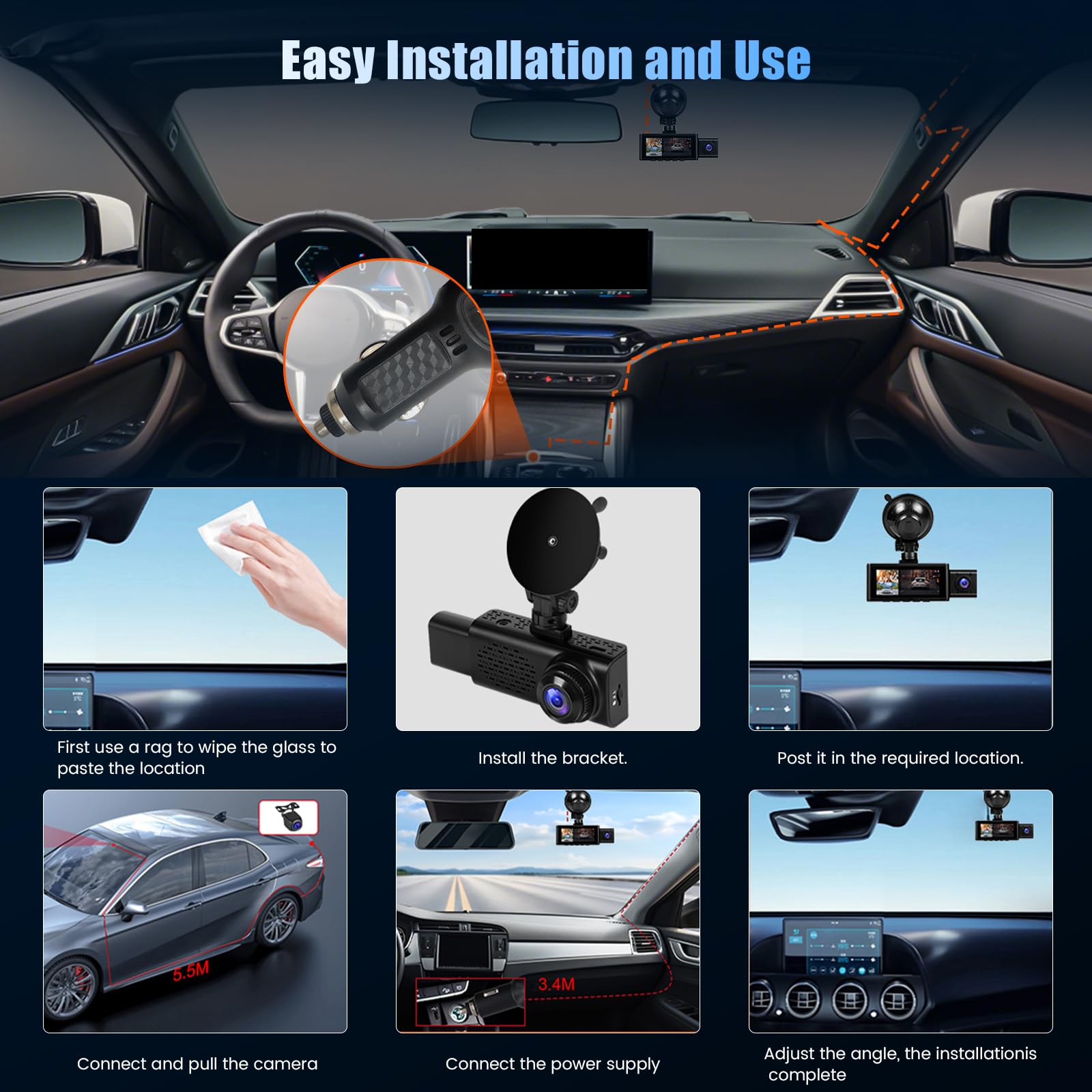 Inefala Dash Cam 3 Canaux 2,5K GPS IPS 3,16" Carte 64 Go