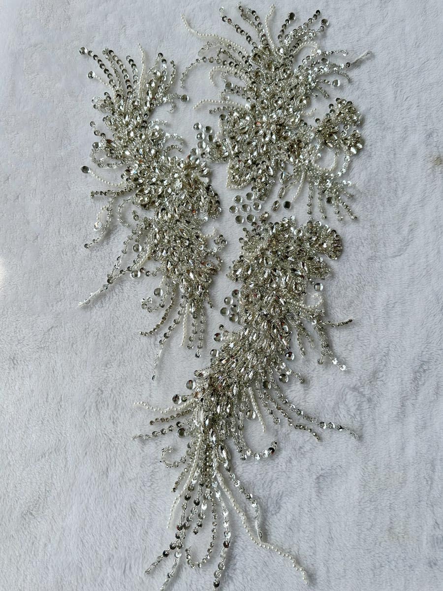 Large Handmade Beaded Crystal Patches with Rhinestone Applique Designs for Prom Formal Dress 1PCS/Bag (Silver)
