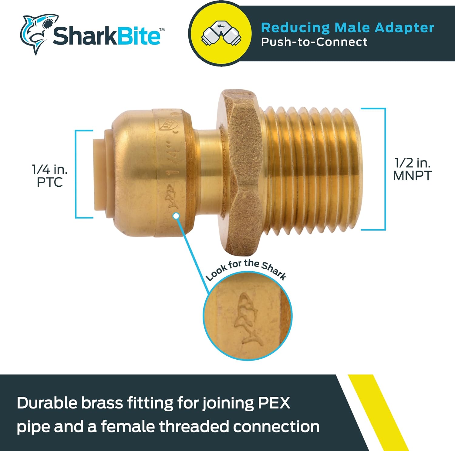 SharkBite 1/4 Inch x 1/2 Inch MNPT Reducing Adapter, Push to Connect Brass Plumbing Fitting, PEX Pipe, Copper, CPVC, PE-RT, HDPE, U110LFA