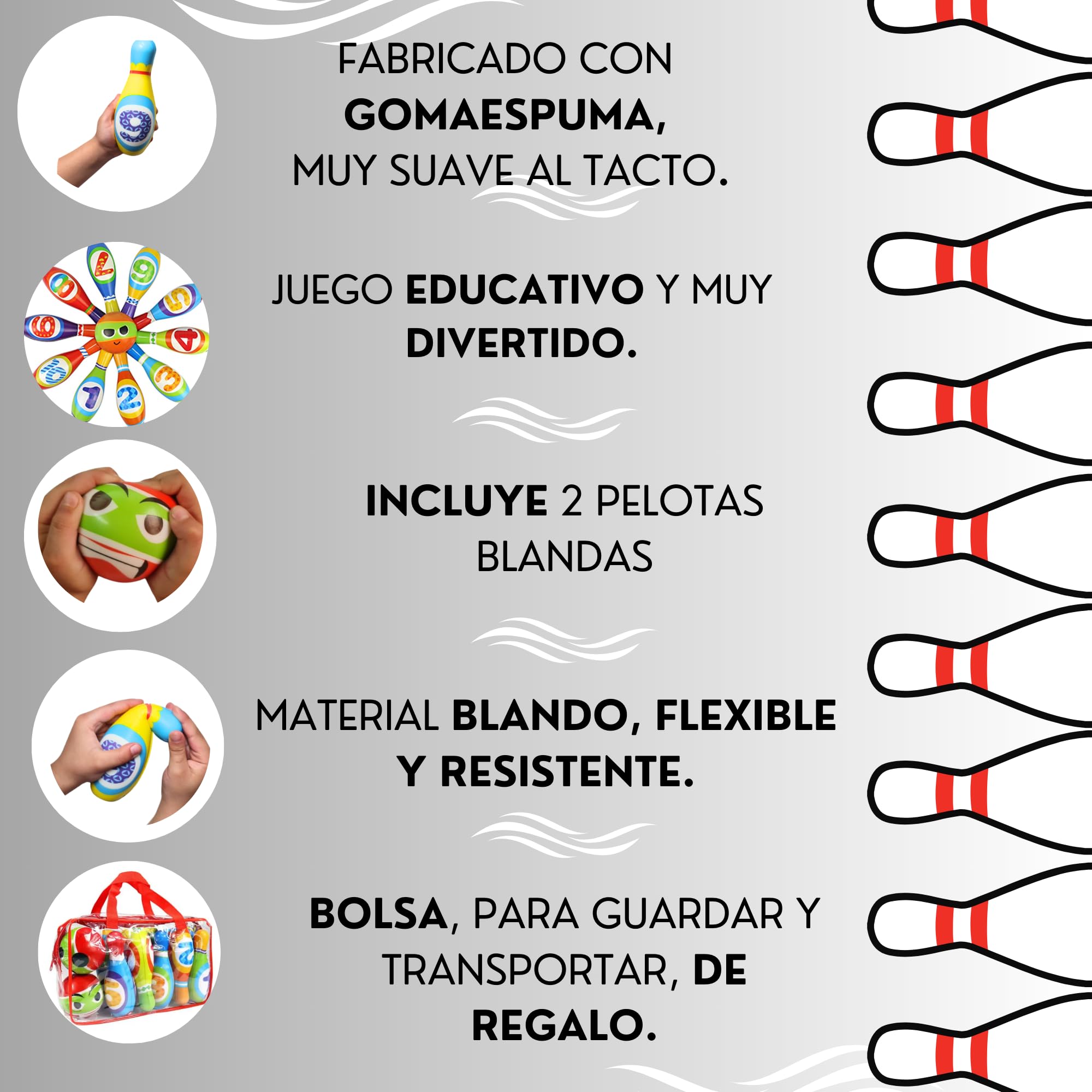 Juego de BOLOS INFANTILES - Juguetes niños 2 años a 4. BLANDO Y SEGURO. 10 Bolos de Gomaespuma de 14cm + 2 Bolas | Incluye Bolsa de Transporte. Para interior y exterior | Regalo niño 2 años a 4 |