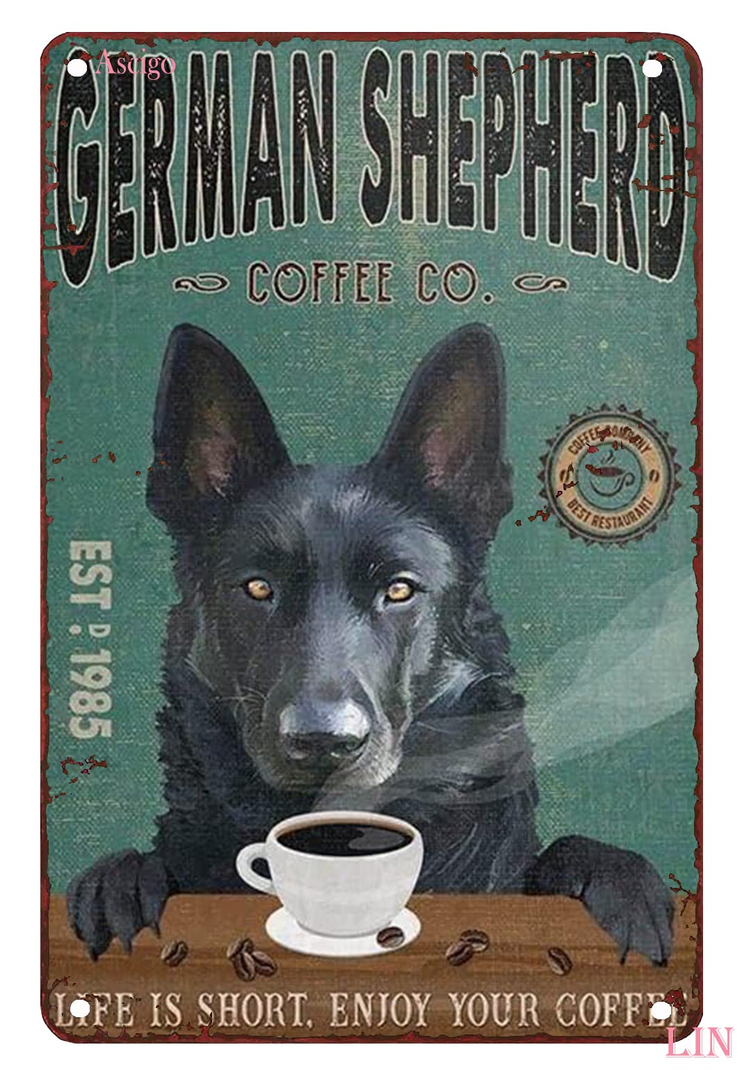 Yunking Black Vintage Metal Signs For Garage German Shepherd Dog Coffee Company Signs Vintage Signs Retro Aluminum Sign For Home Cafe Kitchen Metal Decorations Funny Iron Plaque Signs Gift 8X12 Inch