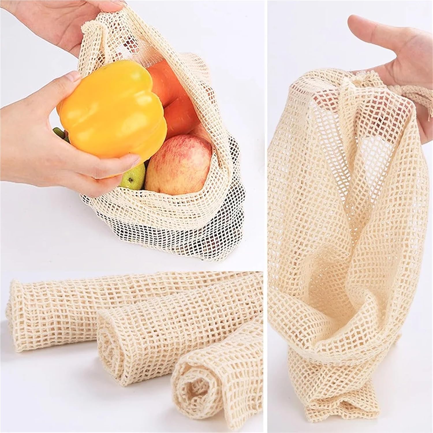 Mesh Produce Bags 10 Pcs Cotton Mesh Vegetable Bags Produce Bag Reusable Storage Kitchen Fruit With Drawstring(S-25 19cm)