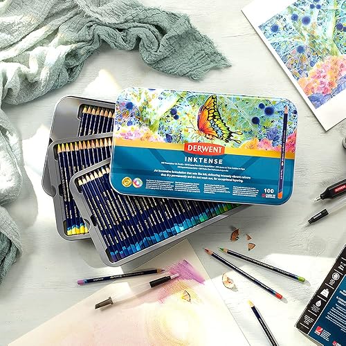 Vista 26 de Derwent Inktense - Juego de 36 lápices en caja metálica, núcleo redondo de 4mm, firme, soluble en agua, ideal para acuarela, ilustrar, colorear
