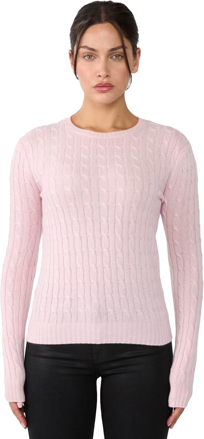 JENNIE LIU Women's 100% Cashmere Cable-Knit Long Sleeve Pullover Crew Neck Sweater