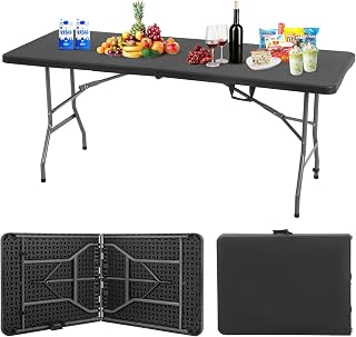 BestOffice 6 FT Folding Plastic Camping Table - Portable Outdoor Picnic Party Table for BBQs, Weddings, Black