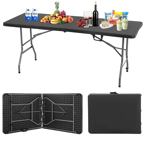 BestOffice | 6FT Folding Table | Black | Portable Plastic Table | with Carry Handle | Waterproof & Foldable Table Design | Steel Frame with Lock | for Events, Camping, Indoor & Outdoor Use