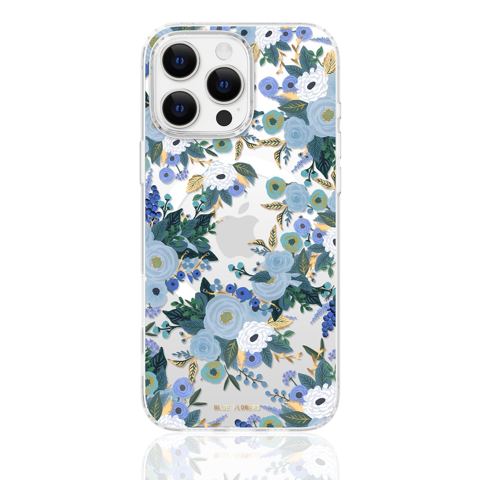 FEWGEY Clear Phone Case for iPhone 16 Pro Compatible with Magsafe, Spring Blue Flowers Design Magnetic Shock Proof Heavy-Duty Protection for Men Boys