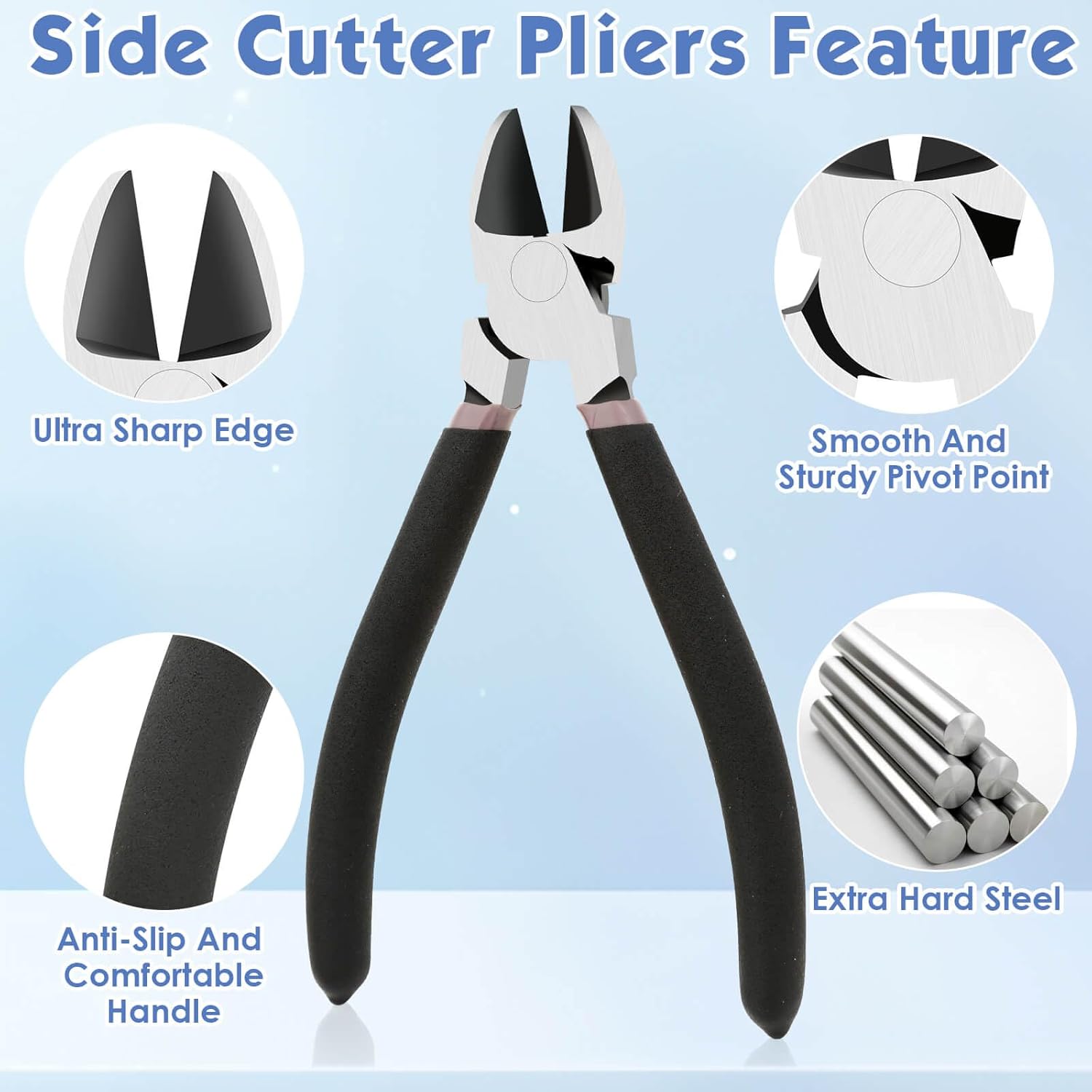 Billbotk Wire Cutters, Large Heavy Duty Side Cutter Pliers Wire Snips, Flush Cutting Pliers for Jewelry Making, Floral Wire and Crafts, Wire Cutting Tool for Zip Ties, Cable Ties and Plastic