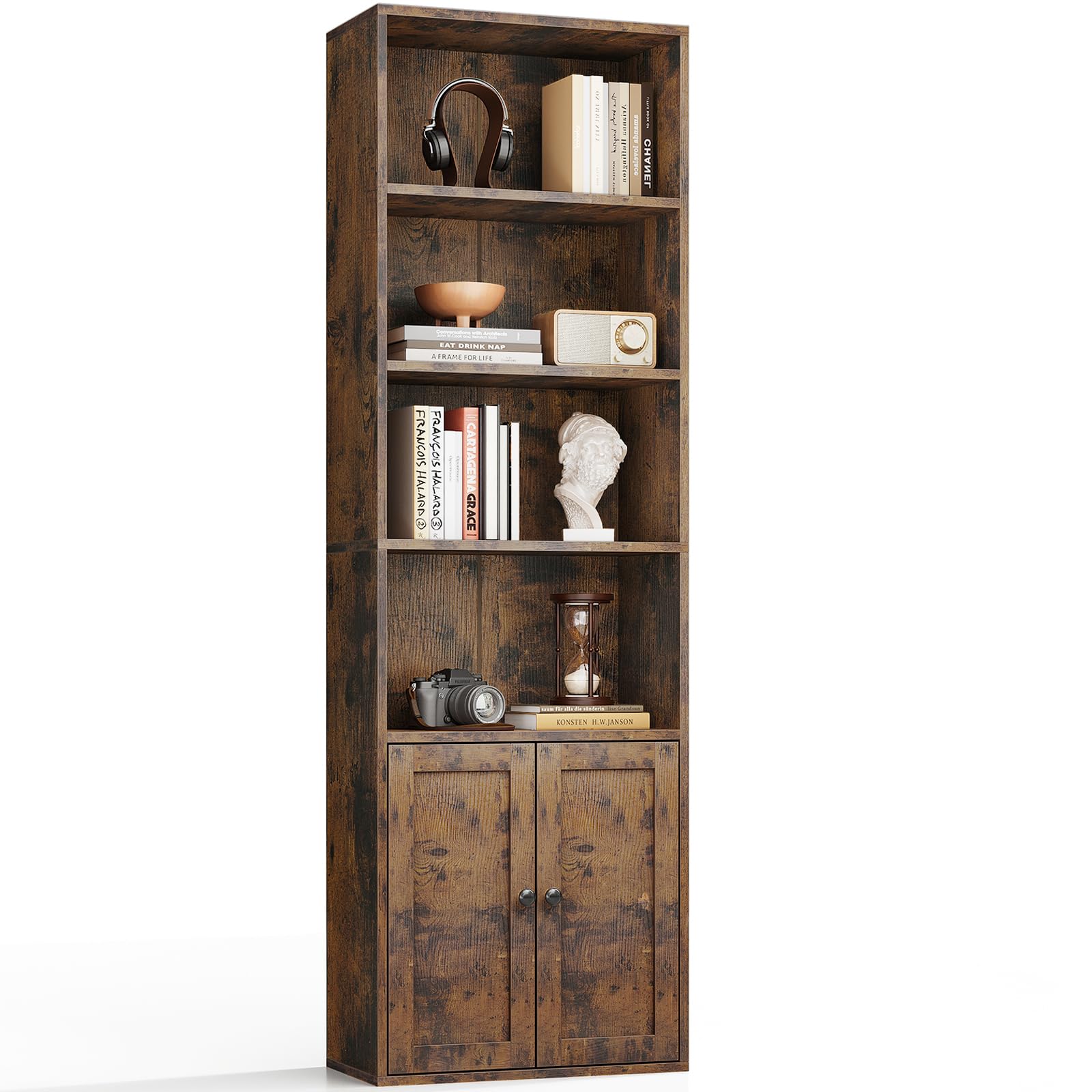 Coleshome 6-Tier Bookcase with Doors and Cabinet, Bookshelf Floor Standing Display Storage Shelf, Bookcases for Home, Office, Living Room, Bedroom, Rustic Brown, 48 x 24 x 176.4