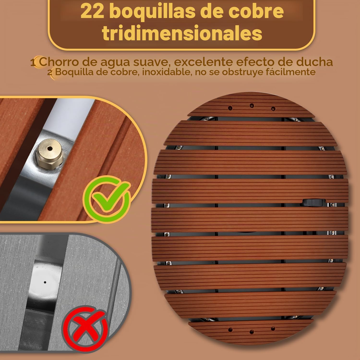 Monucep Ducha de suelo al aire libre WPC, ducha de jardín con placa de ducha, ducha de piscina con 22 boquillas de latón, fuente de agua hasta 4 m, agua fría/caliente a través de distribuidor