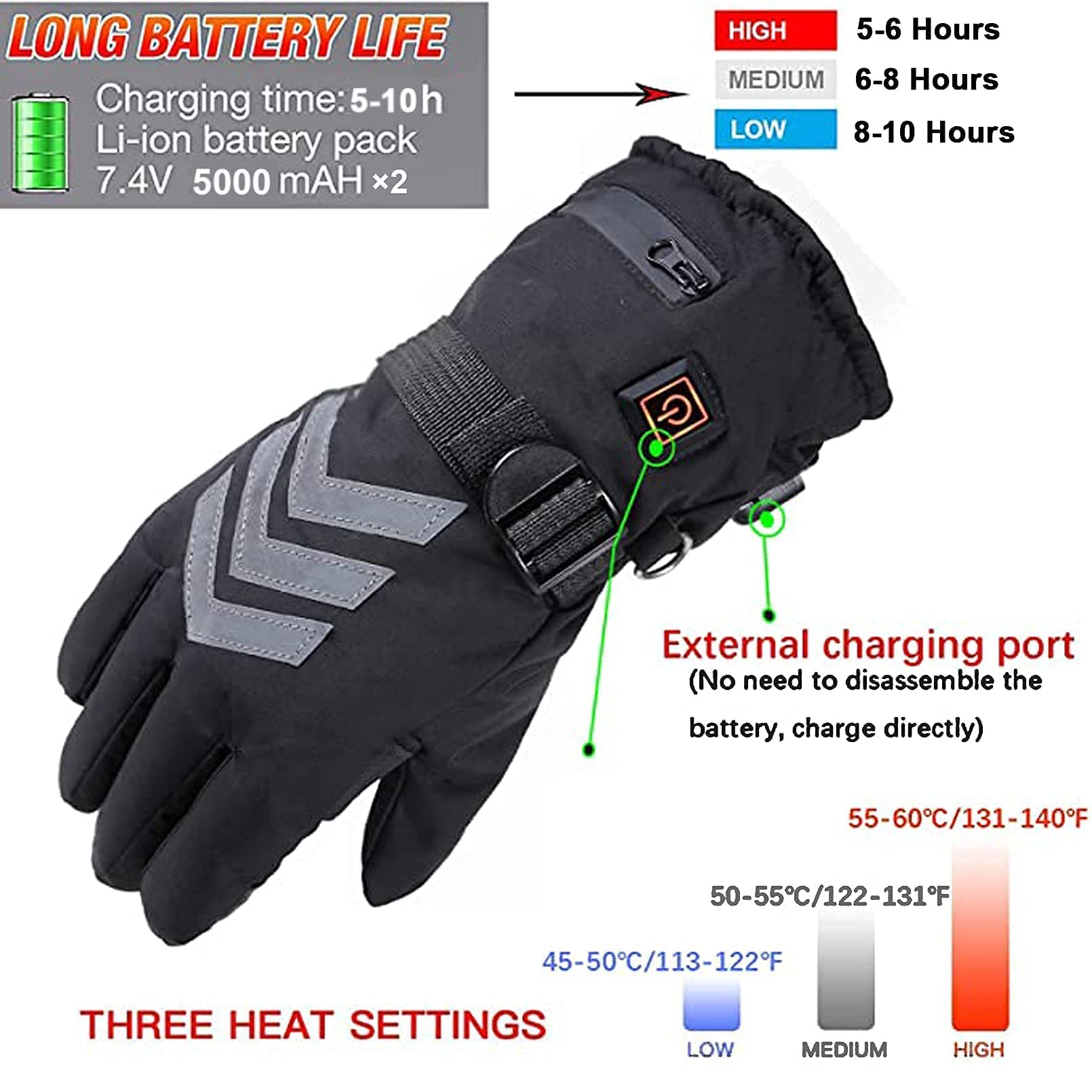 Guantes térmicos eléctricos de Invierno Impermeables a Prueba de Viento Ciclismo Calentamiento cálido Pantalla táctil Guantes térmicos alimentados por batería, 5000 mA