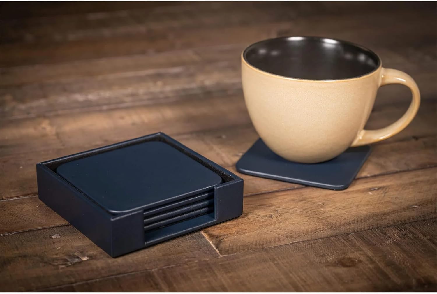 DACASSO Navy Blue Leatherette Square Coaster Set - Luxury Navy Blue Leatherette Square Coaster - Office Accessories & Executive Desk Decor (4pc)