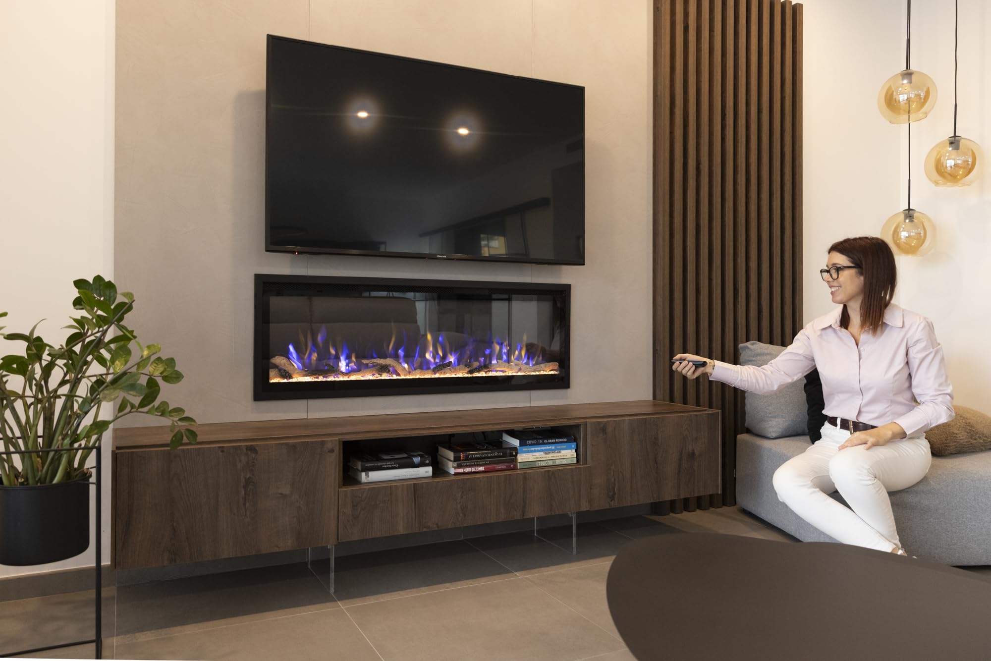 DUPI Chimenea Eléctrica 42 Nero Pro Lumina | 3 en 1 con Calefacción | Efecto Llama 3D Panorámica | 12 Colores Llama | Control Remoto | 106x43,5x15 cm (Negro, 42 Pulgadas)