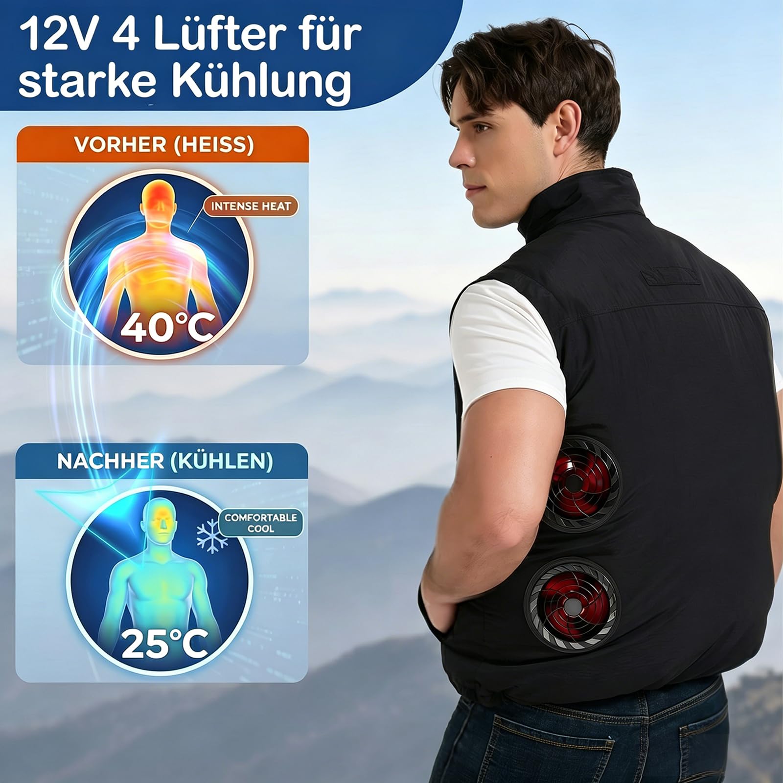 Gilet refrigerante da 12 V, con 4 ventole e batteria, giacca termica elettrica per uomo e donna, per campeggio, escursionismo, ciclismo, lavoro