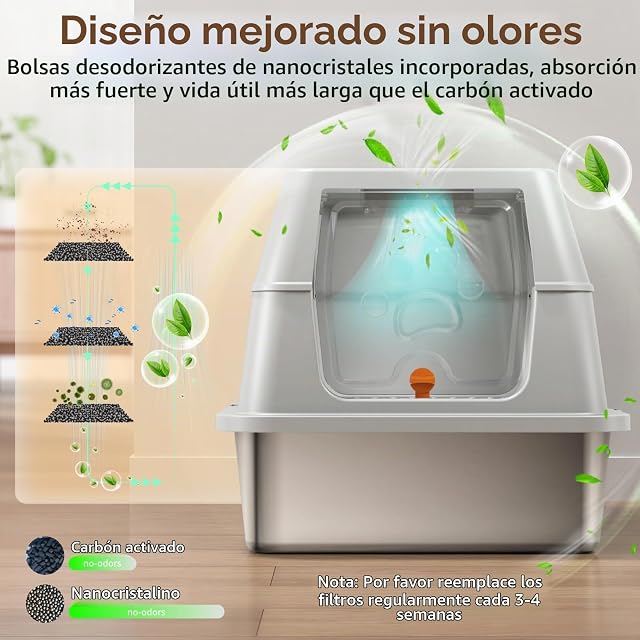 Foto 3 de 8 de Arenero Acero Inoxidable Gatos, Caja de Arena para Gatos con Tapa Abatible de 180°, fácil de Limpiar, 60 x 40…