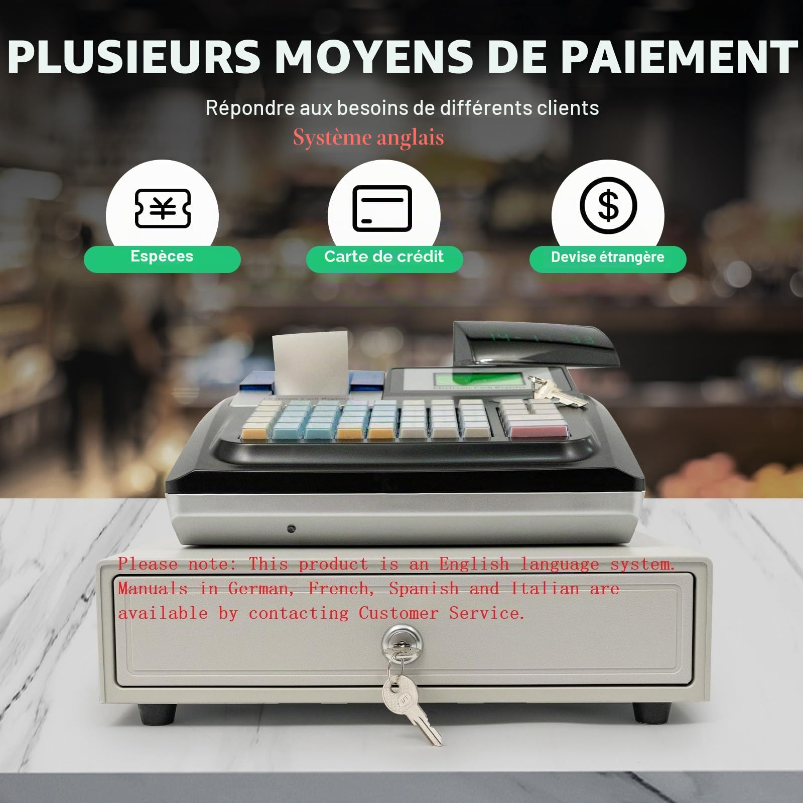 Electronic Cash Register English System Dual LED Display with 48 Keys POS Banknote Recognition Function Cash Register for Retail Restaurant Supermarket