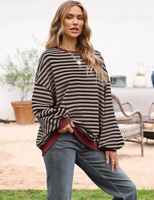 UEU Women Oversized Striped Crewneck Sweatshirt Long Sleeve Casual Pullover image 3