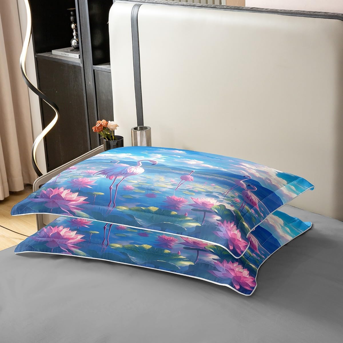 2 Pieces Flamingo Duvet Cover 100% Nature Cotton Twin,Dreamy Pink Lotus Flower Leaves Cartoon Birds Comforter Cover,Watercolor Sky Blue and White Super Soft Bedding (Not Comforter)