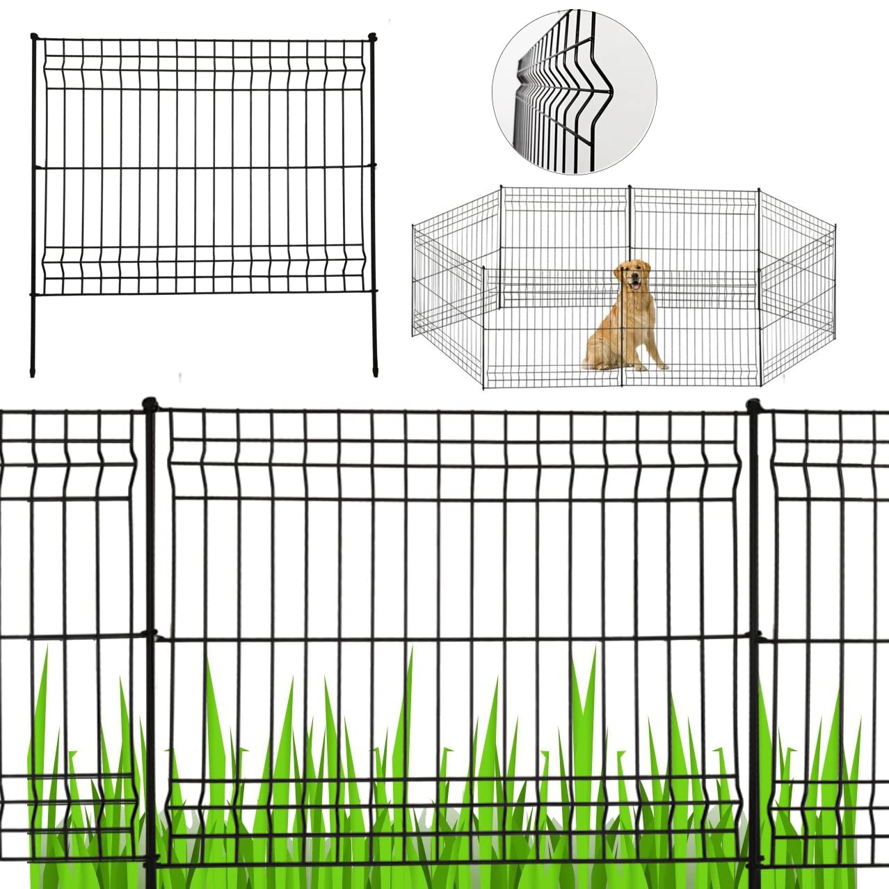 No Dig Metal Privacy Garden Fence Panels Screen and Gate Bundle, Animal Pets Barrier, Outdoor Fencing for Landscape, Tall and Rustproof, Fast Installation, Black 31"Hx43"W (1 Set, 8 Panels)