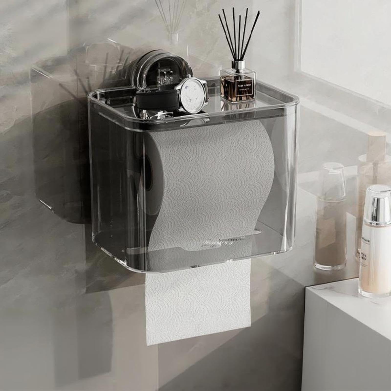 Suction Toilet Paper Holder Tissue Box, No-Drill Bathroom Organizer, Waterproof, Removable, Alabaster Transparent Gray