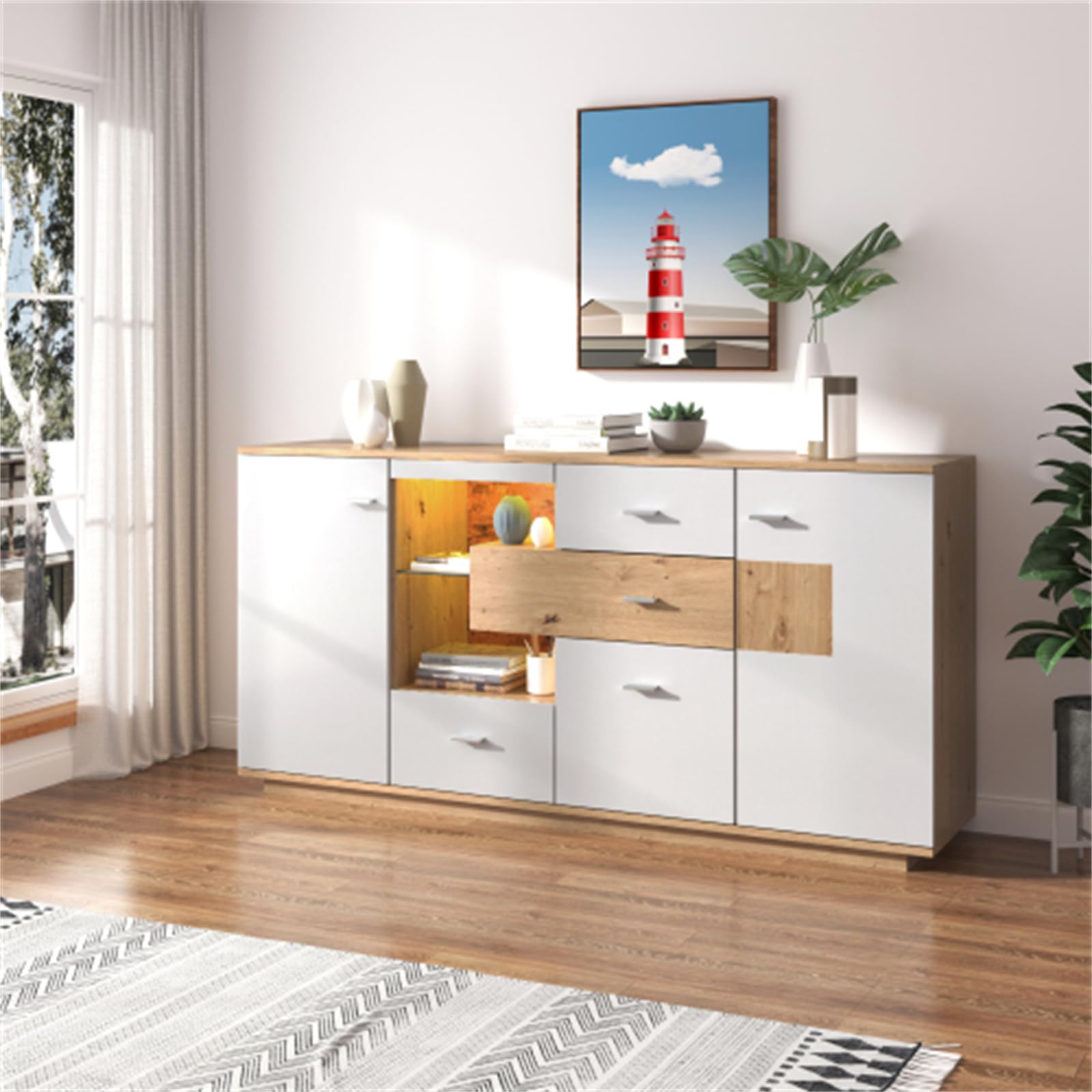 Credenza Moderna Illuminata A Led Con Ampio Spazio Per Riporre Gli Oggetti - Finitura Con Venature Del Legno Bianco - 160x40x77 Cm - 2 Ante, 4 Cassetti, Ripiano In Vetro - Mobili Versatili Per Il Sogg