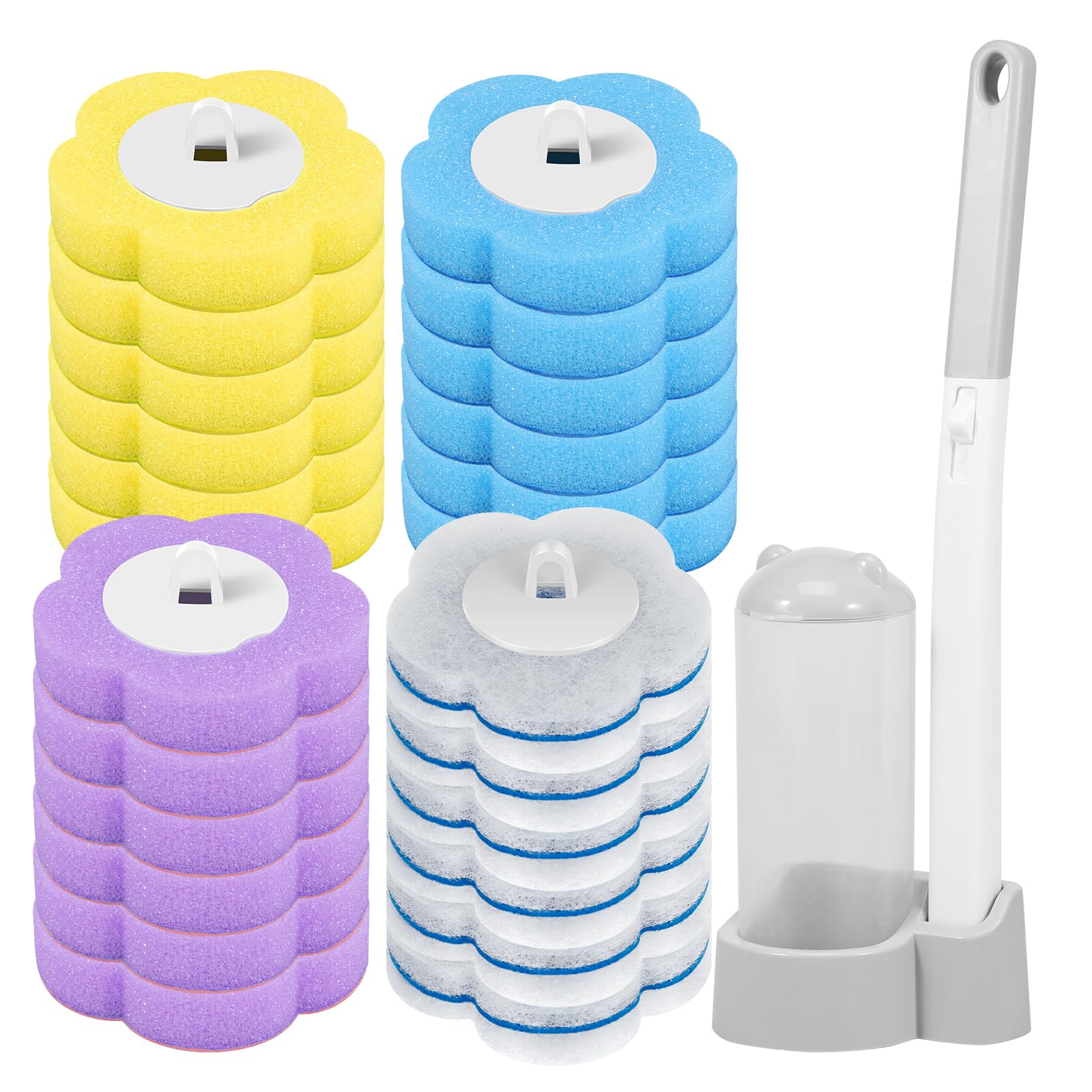 Toilet Brush Cleaning Kit with Replacement Refills Toilet Wand Kit with Refill Pads and Holders 360 Degree Cleaning System for Bathtub Sink Wash Basin(Grey+24 Head)