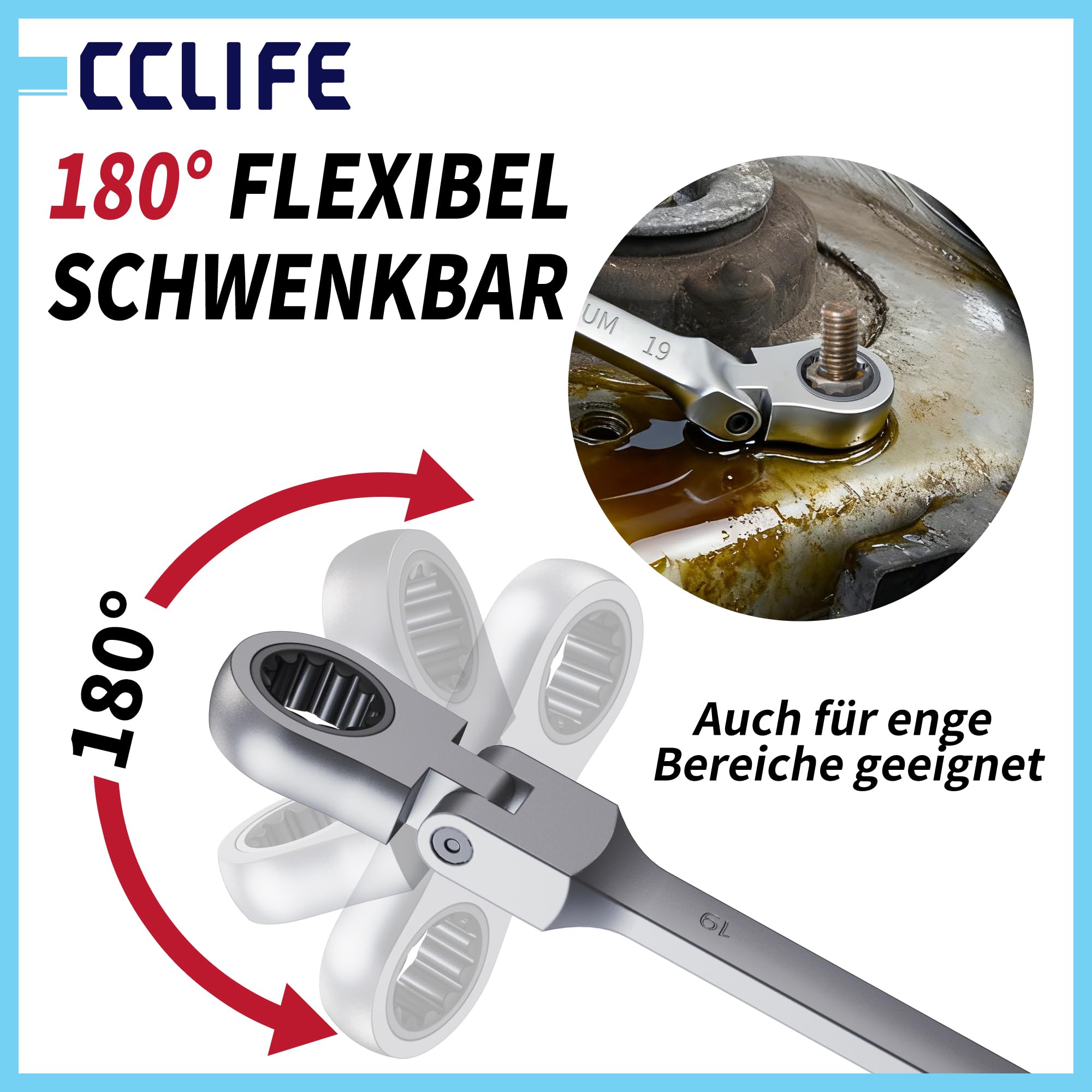CCLIFE Set di 14 chiavi a cricchetto snodate, chiavi a cricchetto ad anello da 6-22 mm, Cr-V 72 denti, set di attrezzi per riparazione auto, flessibile a 180°, con custodia inclusa