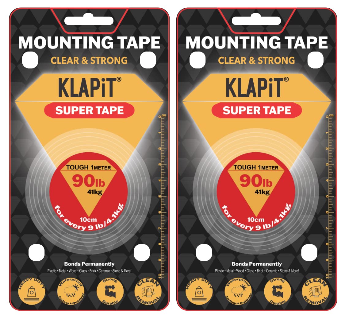 KLAPiT Super Tape – Adhesivo transparente de doble cara resistente, tecnología nano mejorada impermeable para interiores y exteriores, piedra, azulejos, madera, vidrio, pared, metal, soporta 90 libras