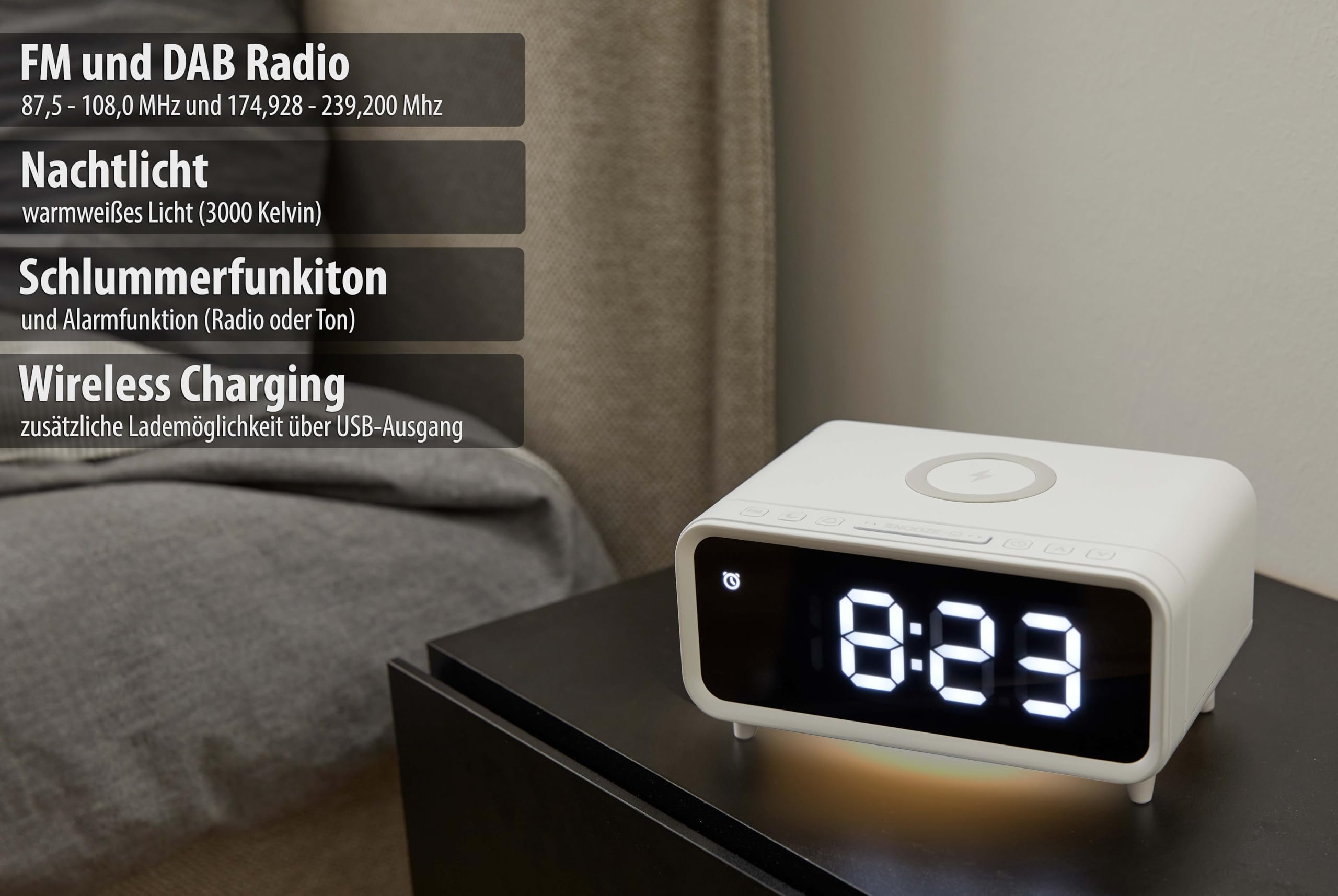 Northpoint Digitales DAB+ Radio mit Wecker Kabelloser Ladestation Nachtlicht und USB-Ladeanschluss 5W Wireless Charger Weiß