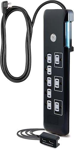 Miniatura 8 de GE Protector SurGE de 7 tomas, cable de alimentación de 4 pies, 1080 julios, enchufe plano, filtro de alimentación, disyuntor, certificación UL,