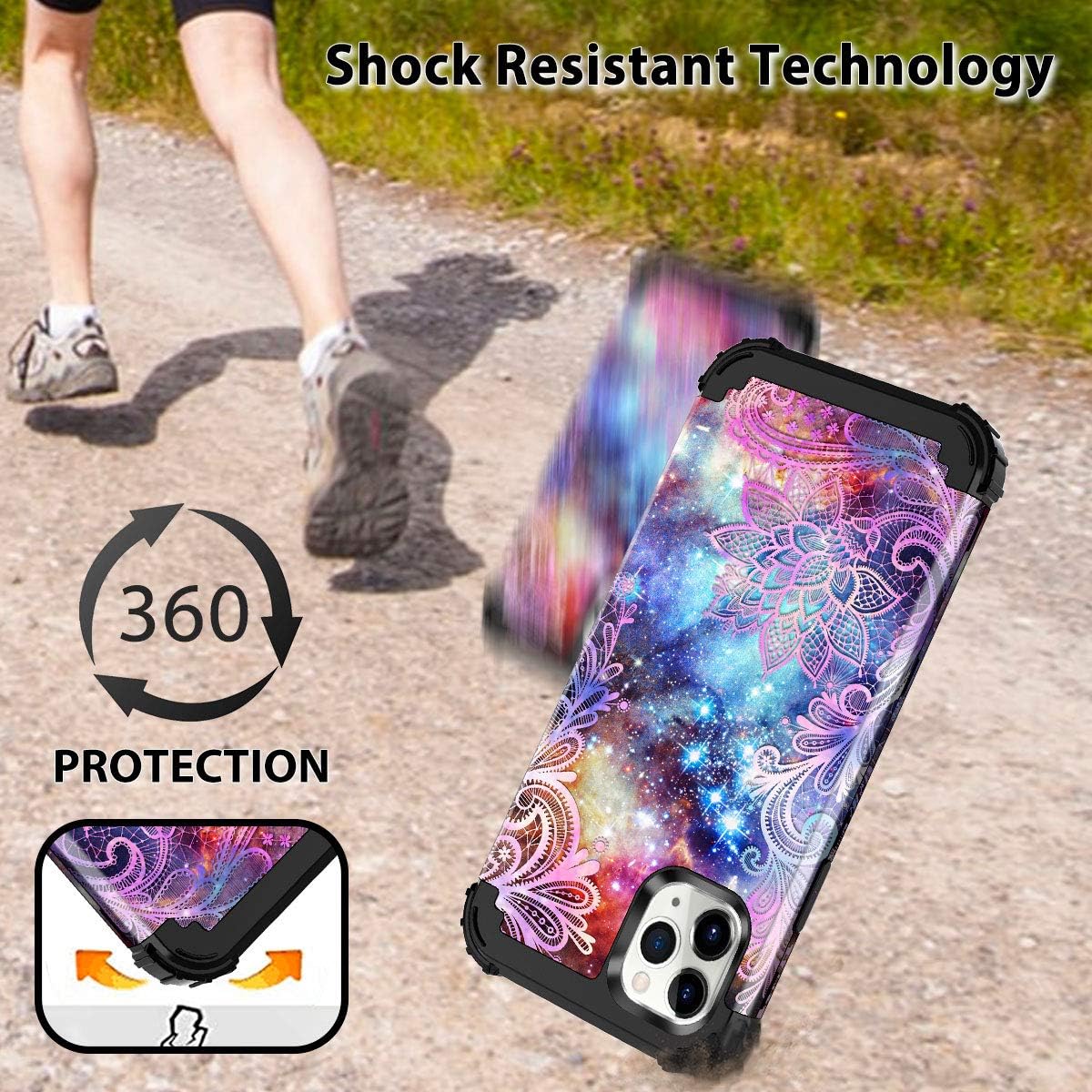 Casetego Compatible with iPhone 11 Pro Max Case,Floral Three Layer Heavy Duty Hybrid Sturdy Shockproof Full Body Protective Cover Case for Apple iPhone 11 Pro Max 6.5 inch,Purple Mandala