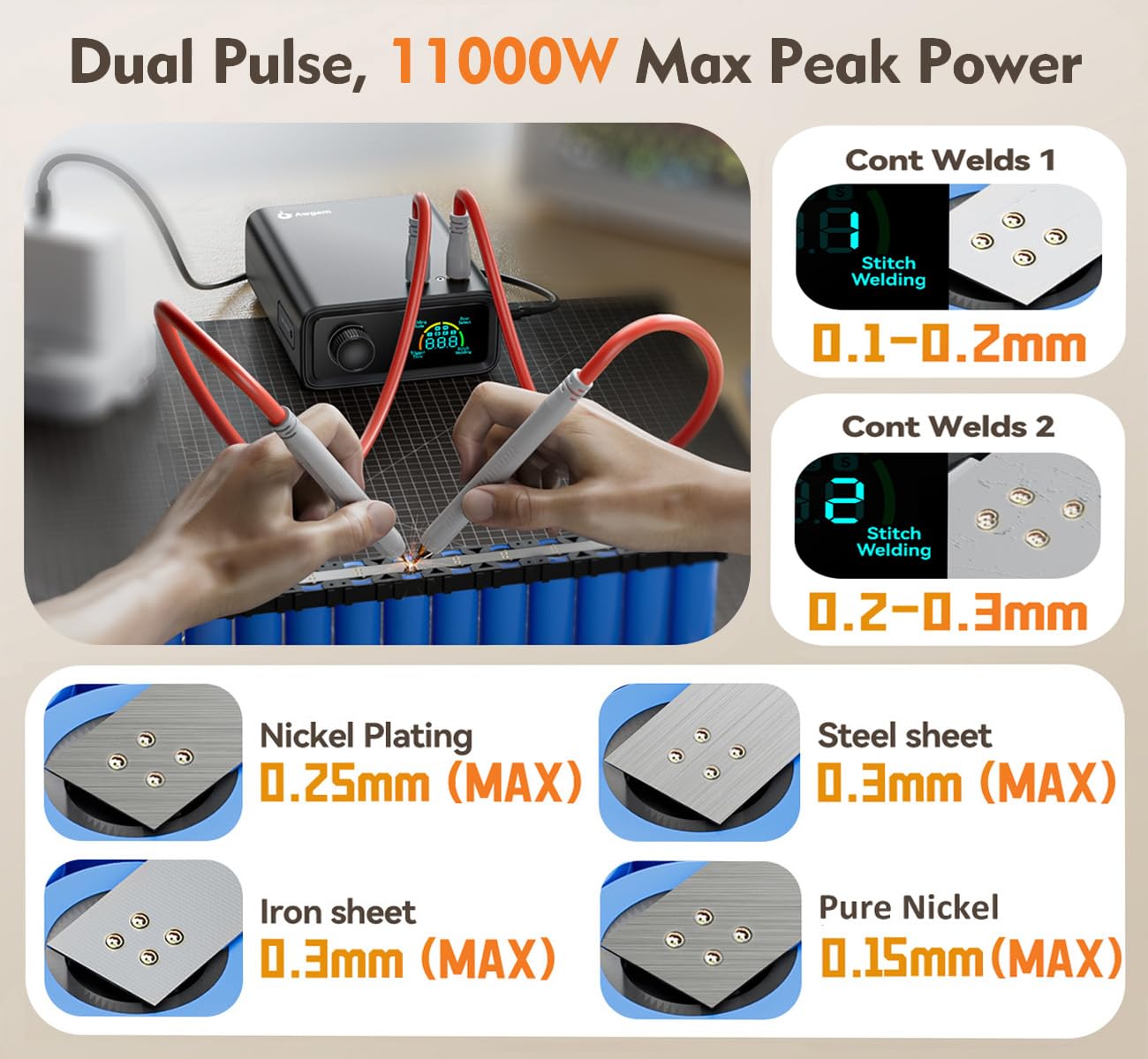 Soudeur par points de batterie 11 000 W, Awgem 0,1-0,3 mm portable avec bouton rotatif 100 vitesses, modes de pédale automatique/pied, double impulsion, pour réparation et soudage de batterie au