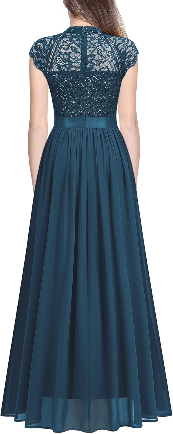 Miusol Women's Elegant Sequin Lace Contrast Chiffon Split Style Evening Party Maxi Dress - Image 2