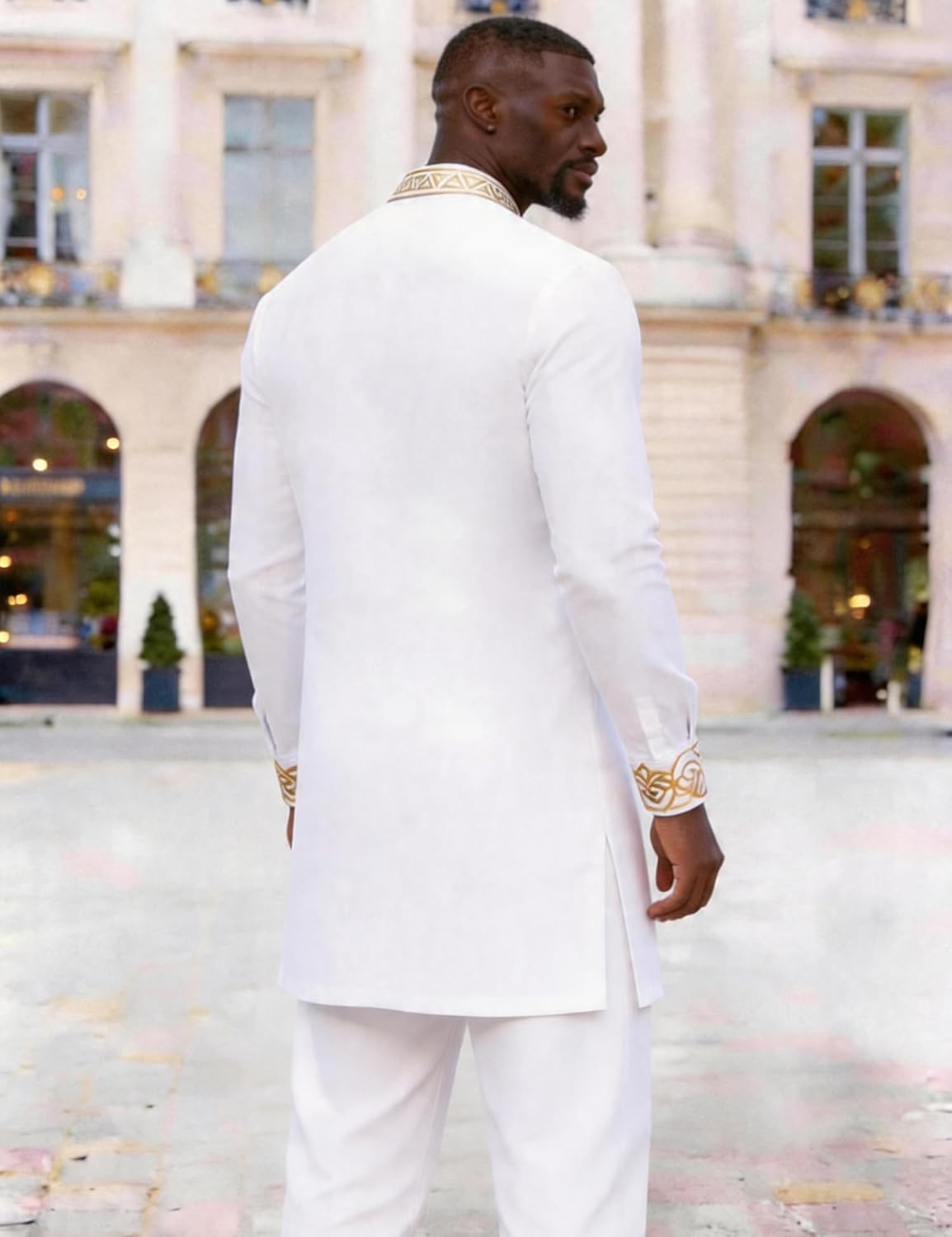 Mens African 2 Piece Set Half Zipper Nigerian Dashiki Metallic Shirt and Pants Outfit Gold Stamp Long Traditional Suit