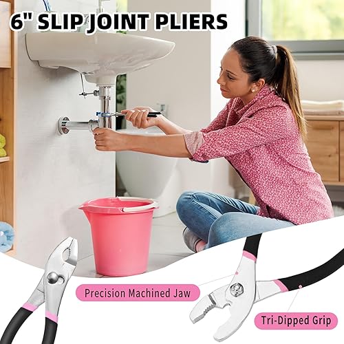 Miniatura 5 de Juego de herramientas para el hogar de 132 piezas, color rosa, kit de herramientas manuales para el hogar con caja de herramientas de plástico,