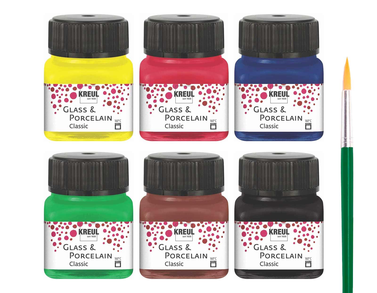 KREUL 16600 - Glass & Porcelain Classic Juego de 6 botes de pintura clásica de vidrio y porcelana de 20 ml con 1 pincel Pintura opaca y brillante a base de agua